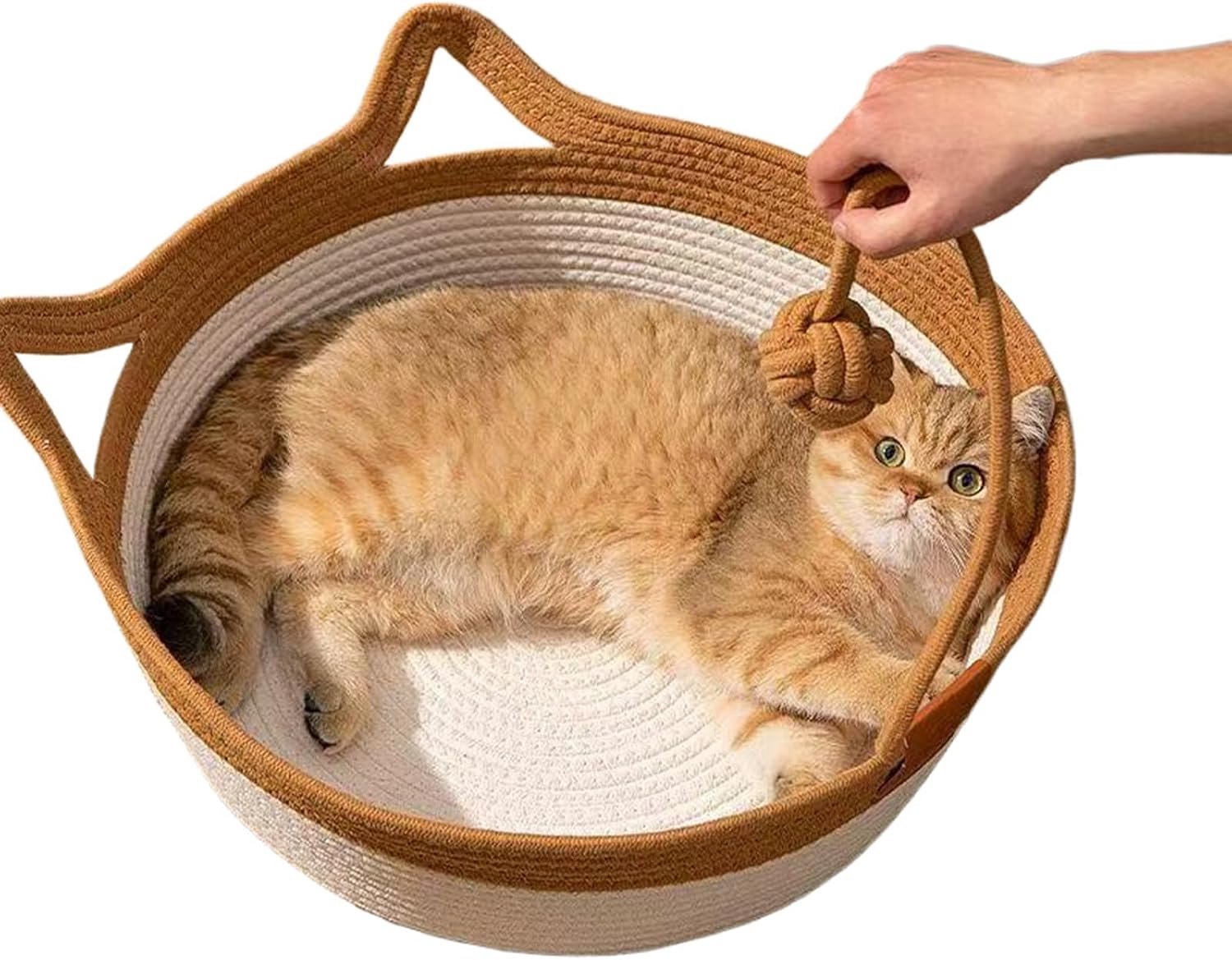 HisKes Handgeweven kattenmand van katoenen touw - opvouwbare en krasbestendige hangmat - met kattenoor-design - Inclusief speelballetje - Speciaal ontworpen voor kittens - Geschikt voor huisdieren tot 15 lbs - Diameter 48 cm - Bruin