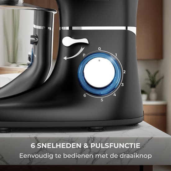 Keukenmachine - 2000W - RVS Mengkom (6,2 L) - Keukenrobot - Mixer met Garde, Deeghaak en Menghaak - Incl. extra Accessoires – Zwart — afbeelding 3