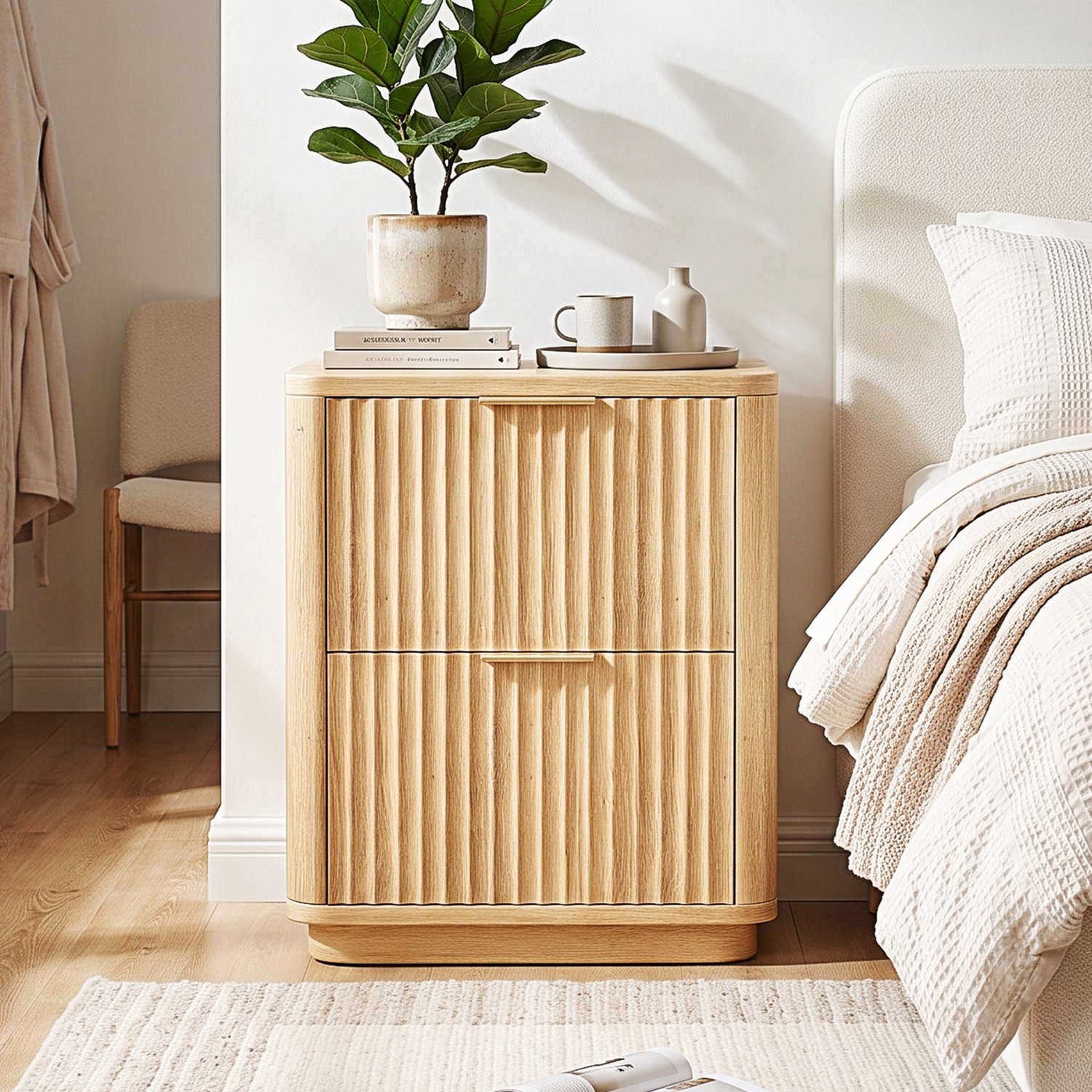 LEADZM Nachtkastje met 2 lades - Eiken - 45.6 x 35 x 61 cm - lamellendesign