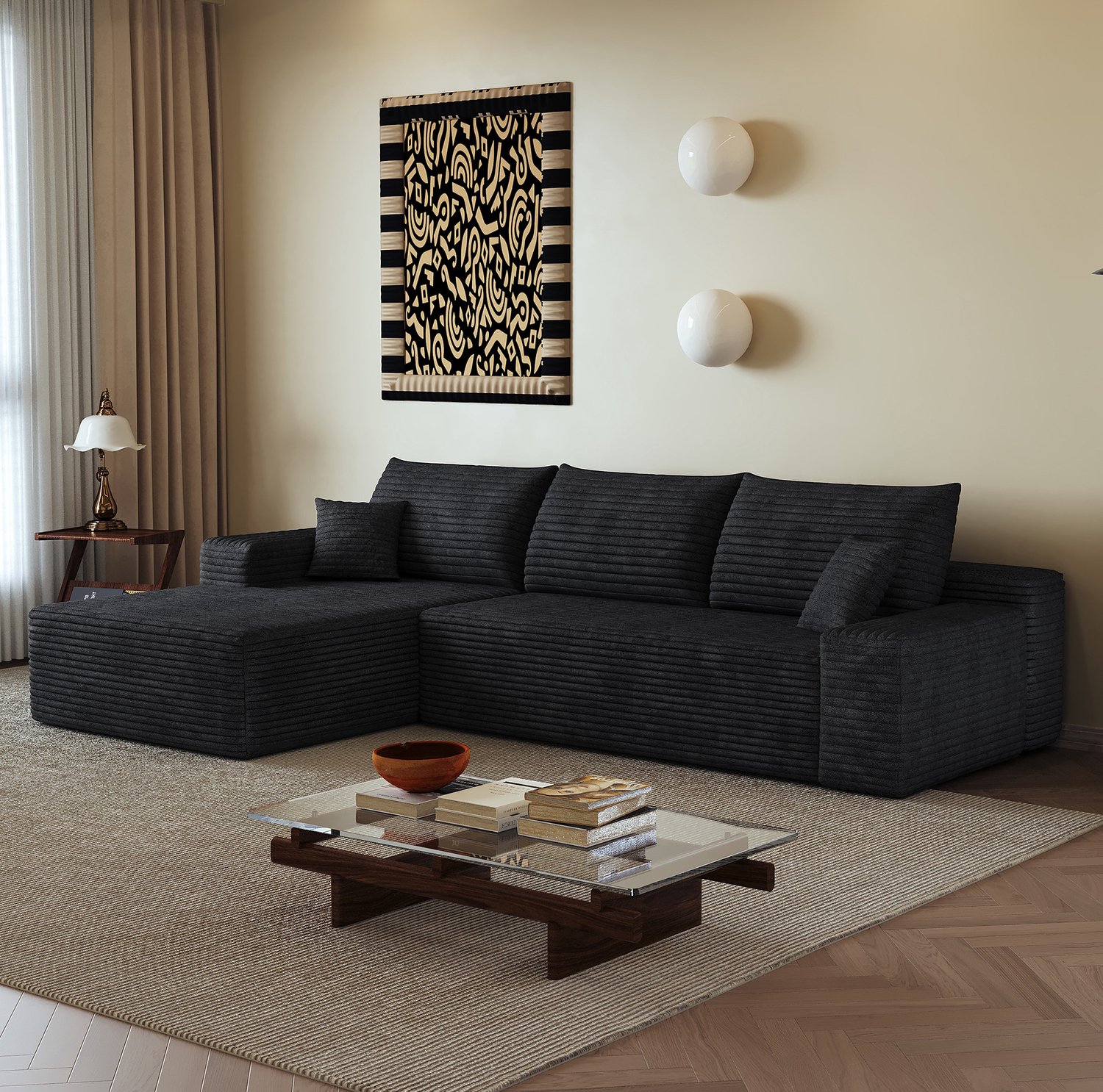 Wishdor Modulaire hoekbank - L-vormig liggedeelte en 3 zitplaatsen - Zonder montage en zachte schuimvulling - Modern - Woonkamer slaapkamer appartement - Ribstof - Zwart - 270 x 175 x 83 cm Zwart (Chaise longue links)