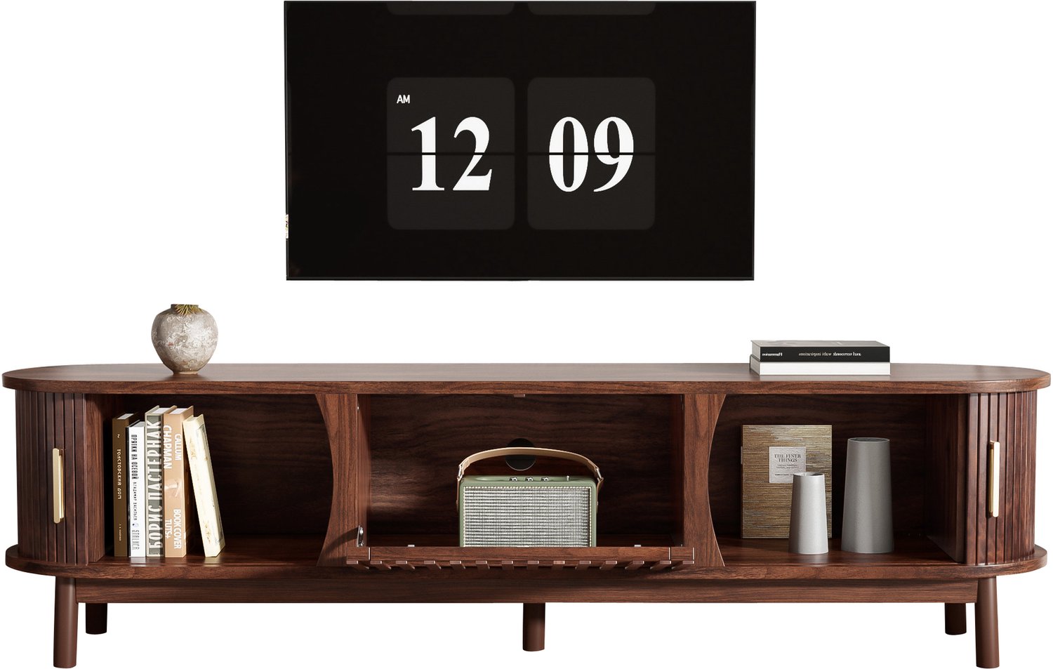Welltin Tv-meubel - 2 Schuifdeuren en 1 Klepdeur - 3 Opbergvakken - MDF met Houtnerfstructuur - Voor Tv tot 65 Inch - 165 x 39,5 x 46 cm - Bruin