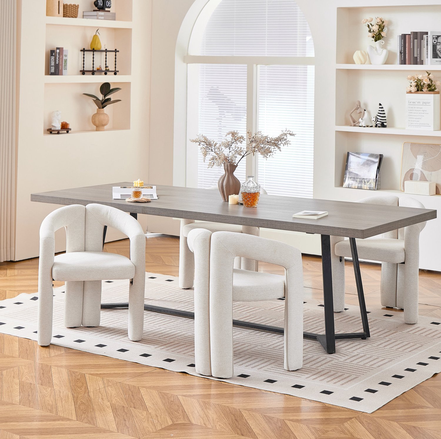 MODFU Eetkamerstoel - Armleuningen - Minimalistisch - Chenillestof - Beige - Set Van 4