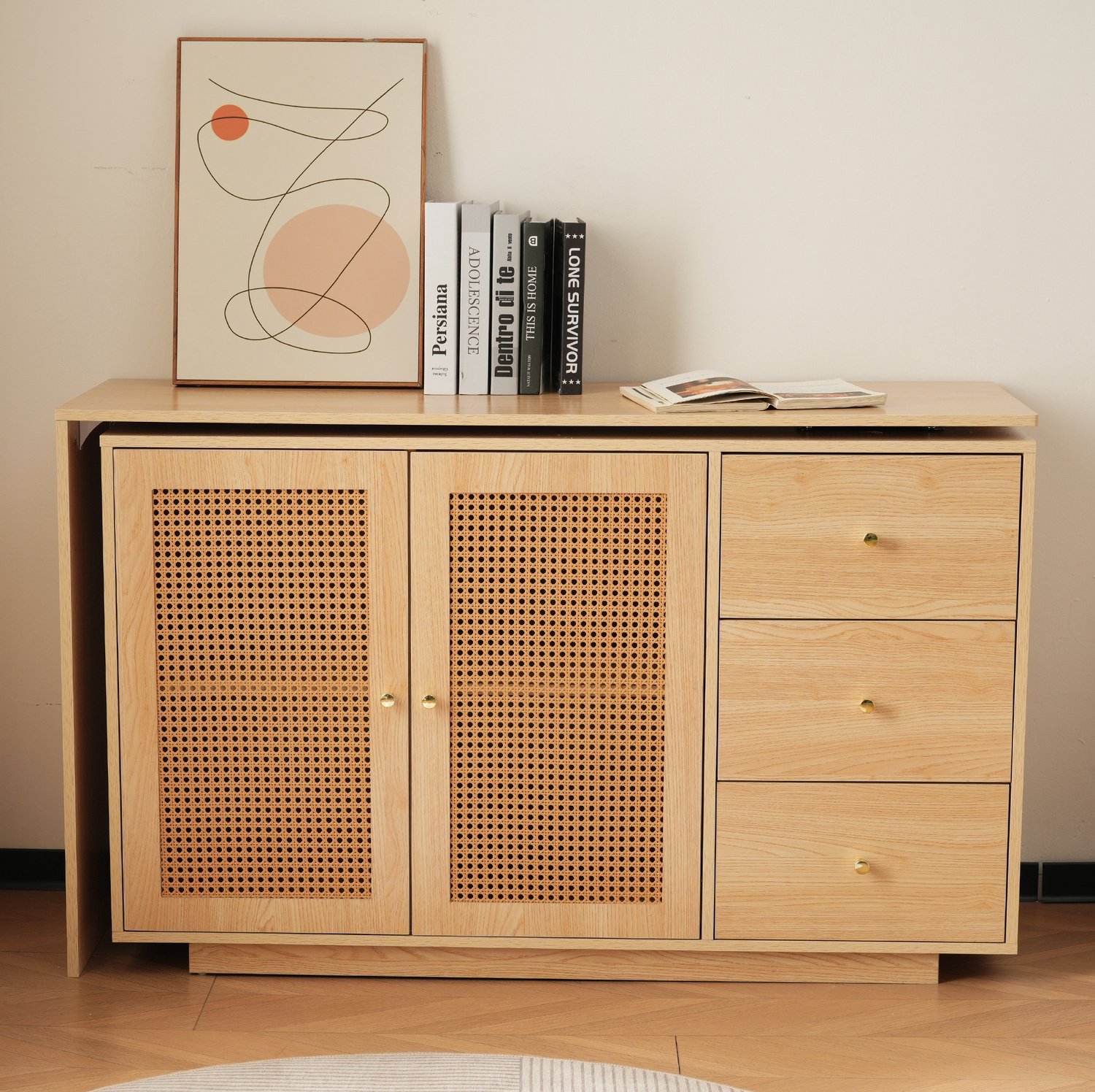 MODFU L-Vormig Draaibaar Hoekbureau Met Opbergruimte - Rattanlook - MDF - Naturelkleur - 126 Cm Naturel hout