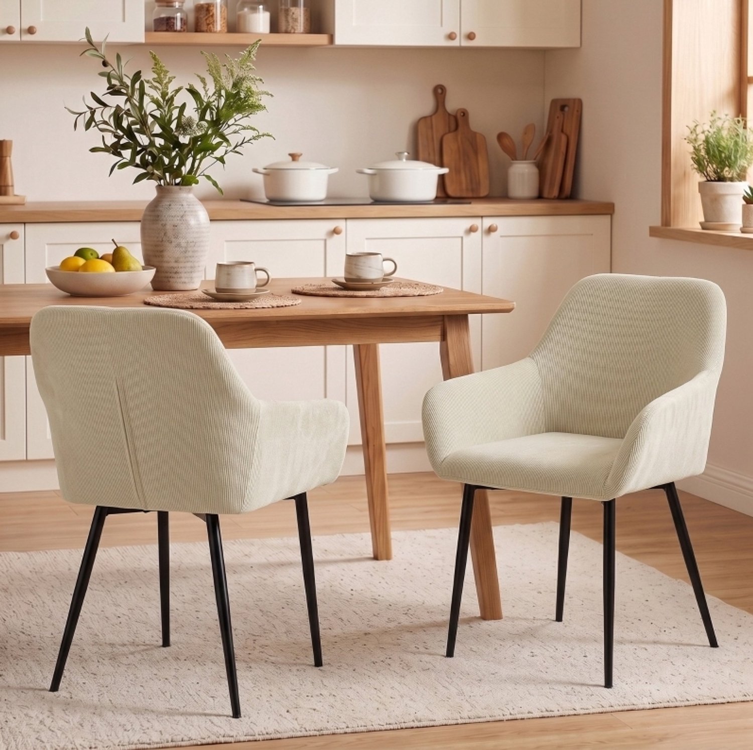 MODFU Eetkamerstoelen Set Van 2 - Gewatteerde Ribstof - Metalen Poten - Crème