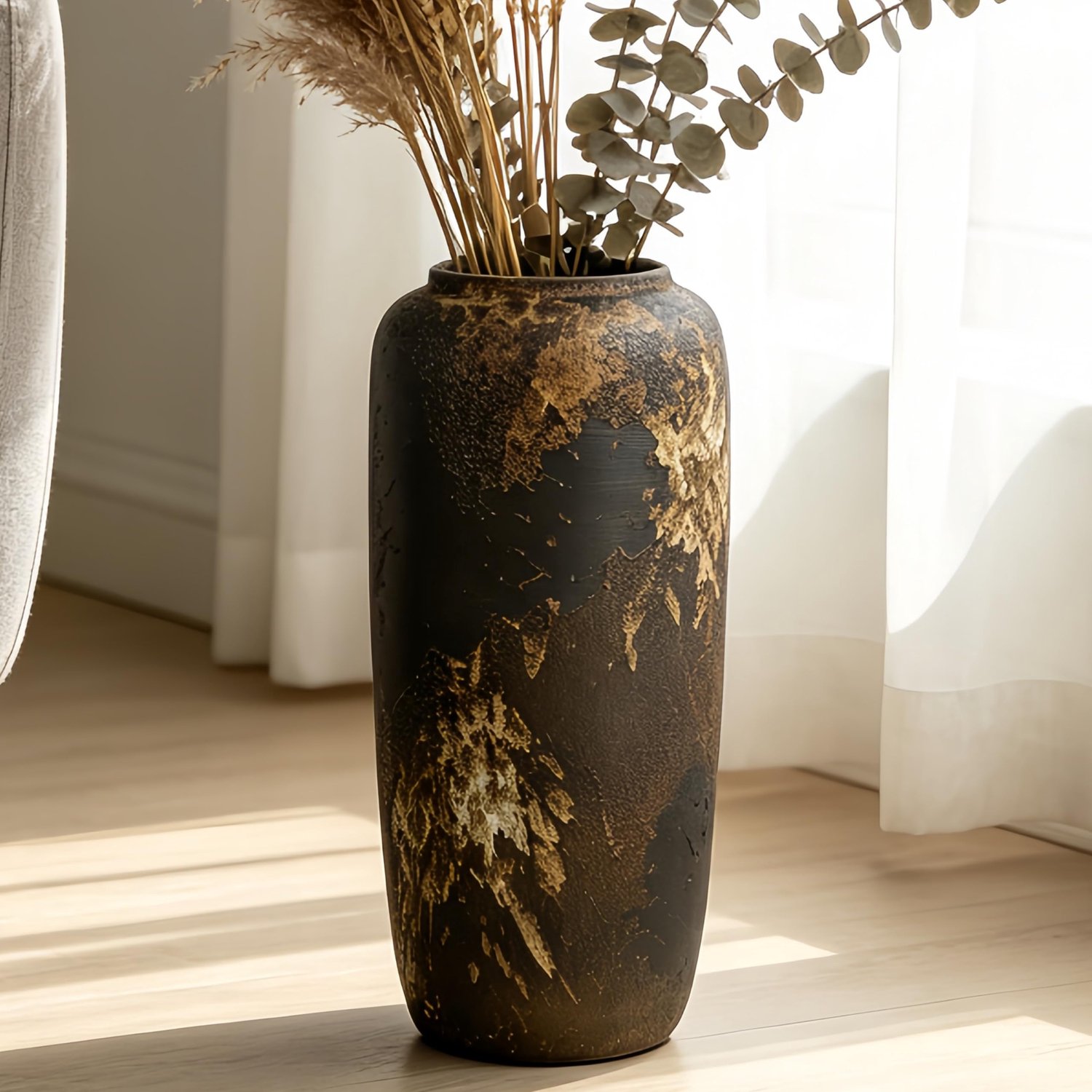 SnelShoppen - Vintage keramische zwarte vloervaas 40 cm, rustieke boho-stijl voor pampasgras, bloemen of decoratie, perfect voor woonkamer, entree of