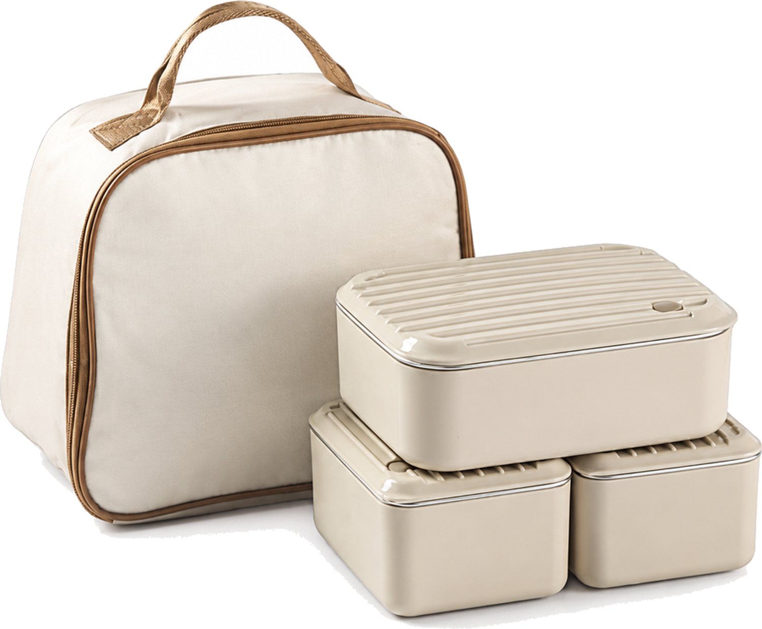 Broodtrommelset met 3 witte lunchboxen: 2 × 600 ml en 1 × 1200 ml, met bestek en tas