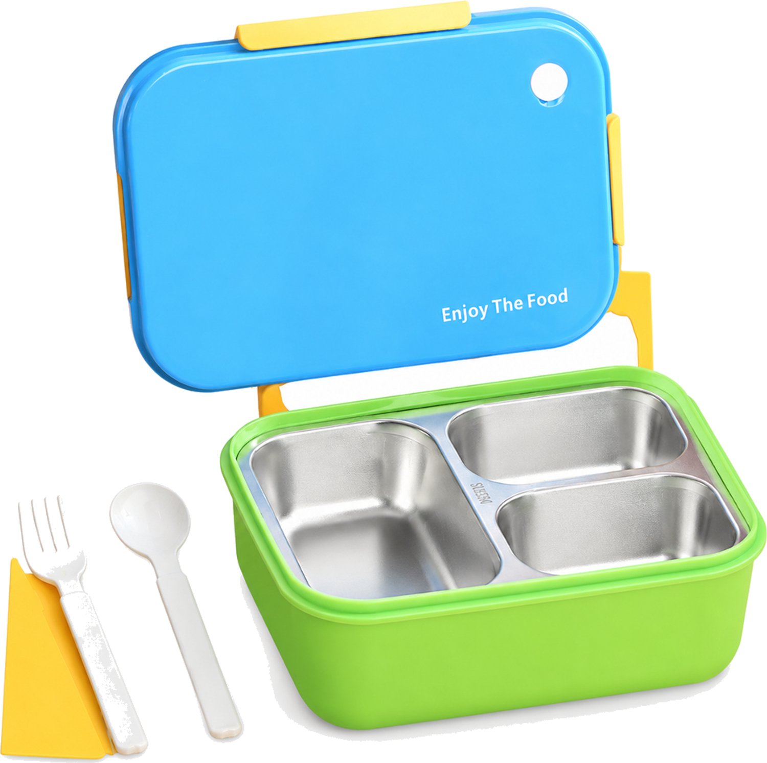 Broodtrommel, inhoud 650 ml, met 3 vakken, 304 RVS binnenbak, groene bak en blauw deksel