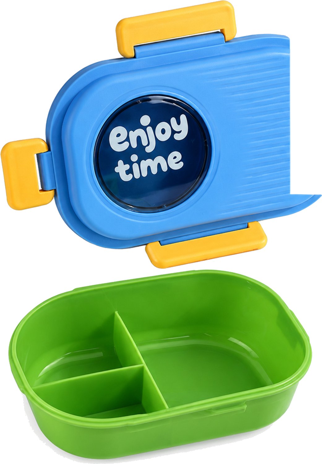 Broodtrommel met vakjes, hoge PP-bak met groene bodem, blauw deksel en oranje zijclips, verpakt in een OPP-zak en kraftpapieren doos