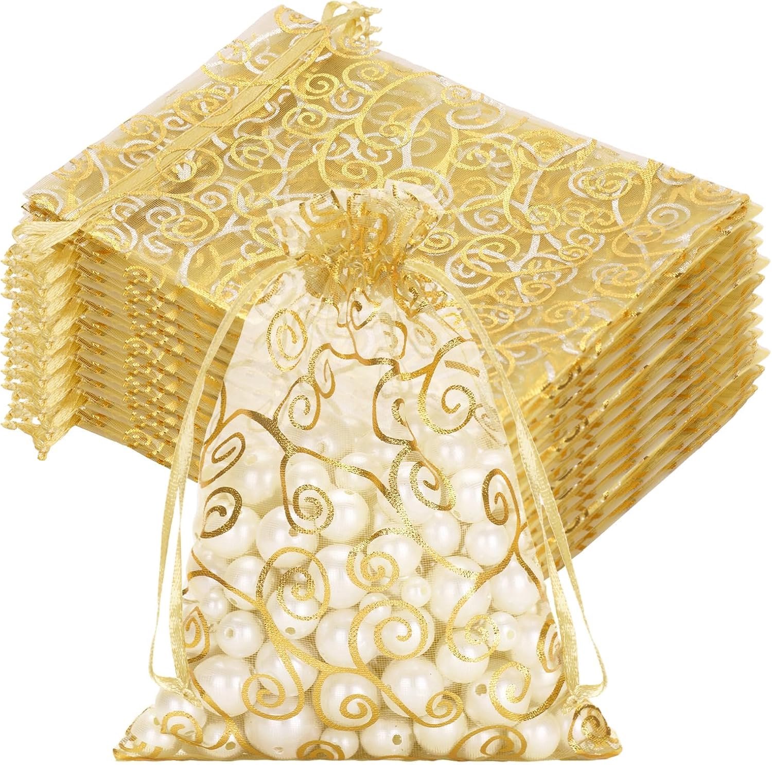 Organza zakjes 13x18 cm - Gouden cadeauzakjes - Bedrukt met trekkoord - Perfect voor bruiloften en feesten - Luxento