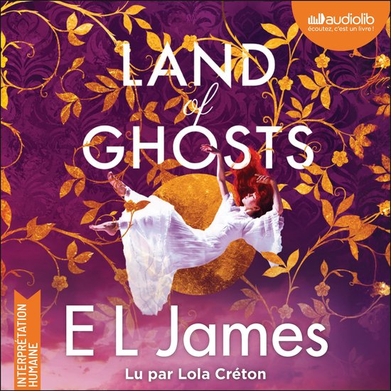 Boekomslag Land of Ghosts met een vrouw in witte jurk zwevend voor een gouden zon op een paarse achtergrond met gouden bladeren.