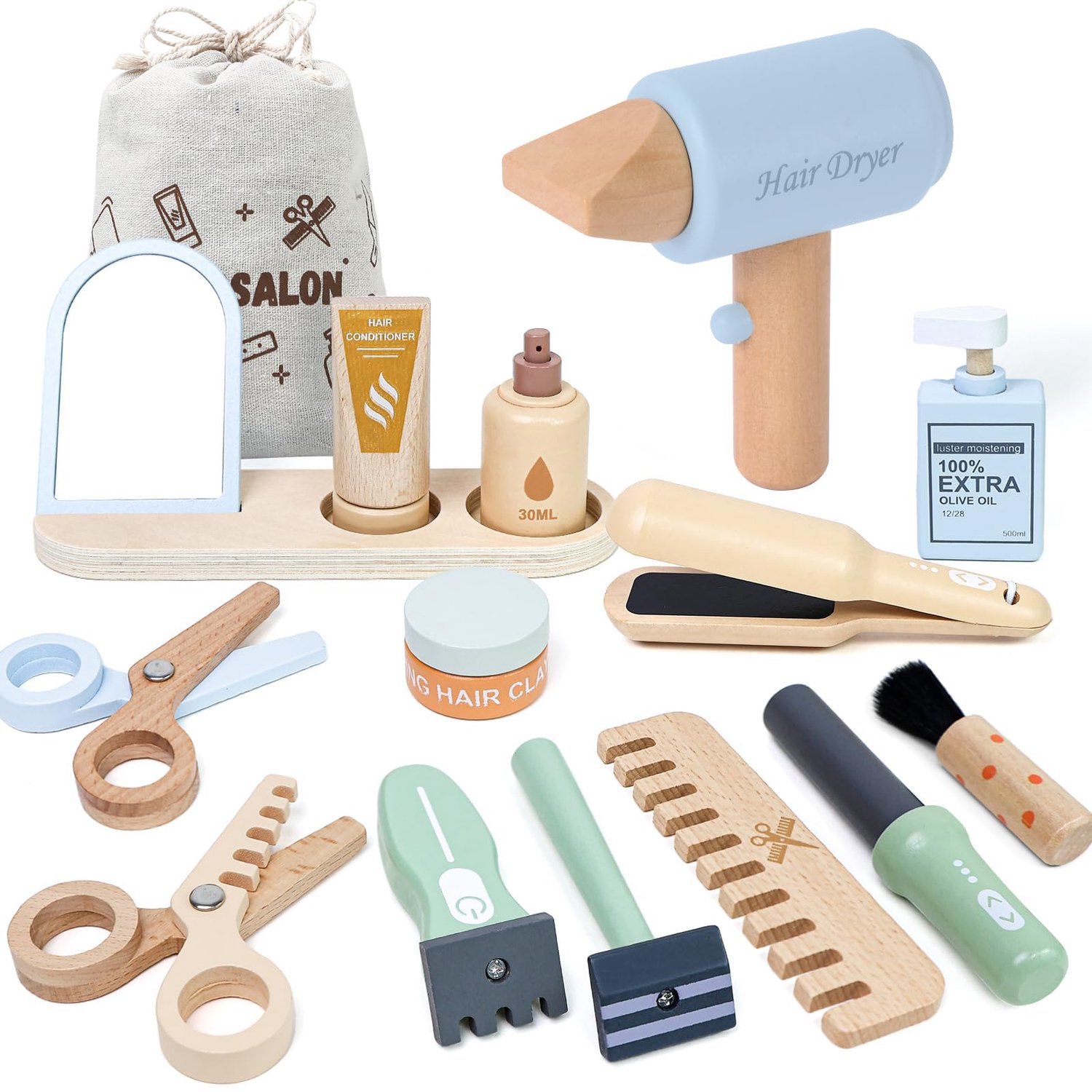 Houten kappersset Voor Kinderen - Kappersspeelgoed Voor Meisjes Met Föhn, Kam en Spiegel - Rollenspel Kapsalon