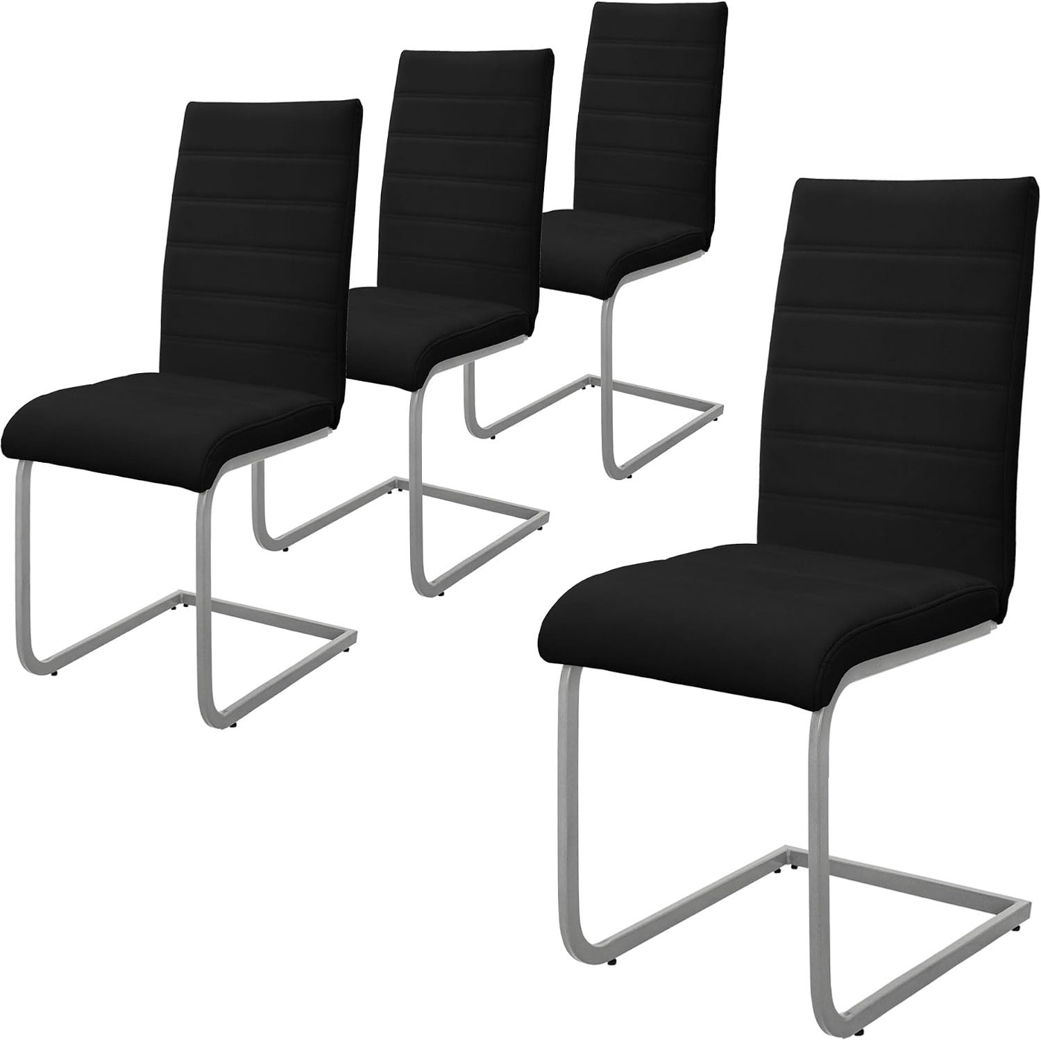 Ergonomische Eetkamerstoelen Zwart met Hoge Rugleuning – Set van 4 Moderne Sledestoelen met Schommelend Frame, Comfortabele PU Kunstleren Bekleding, Metalen Onderstel en Vloerbeschermers voor Eettafel, Keuken en Woonkamer