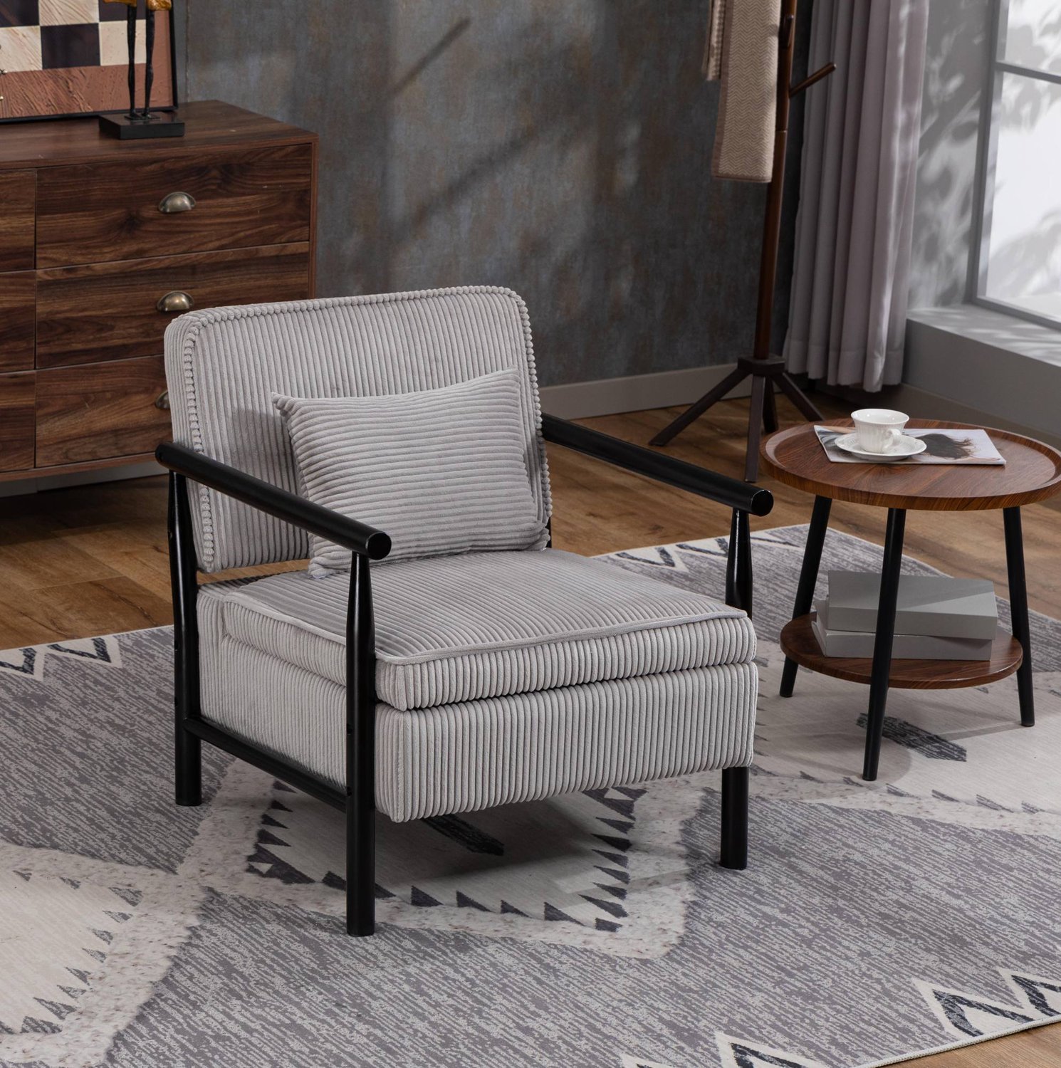 WUVRIE Fauteuil 83x66x73 cm - Fluwelen bekleding, lendekussen en opbergruimte - Lichtgrijs