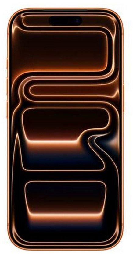 Apple iPhone 17 Pro en orange cosmique avec un affichage lumineux abstrait et ondulé sur l'écran.