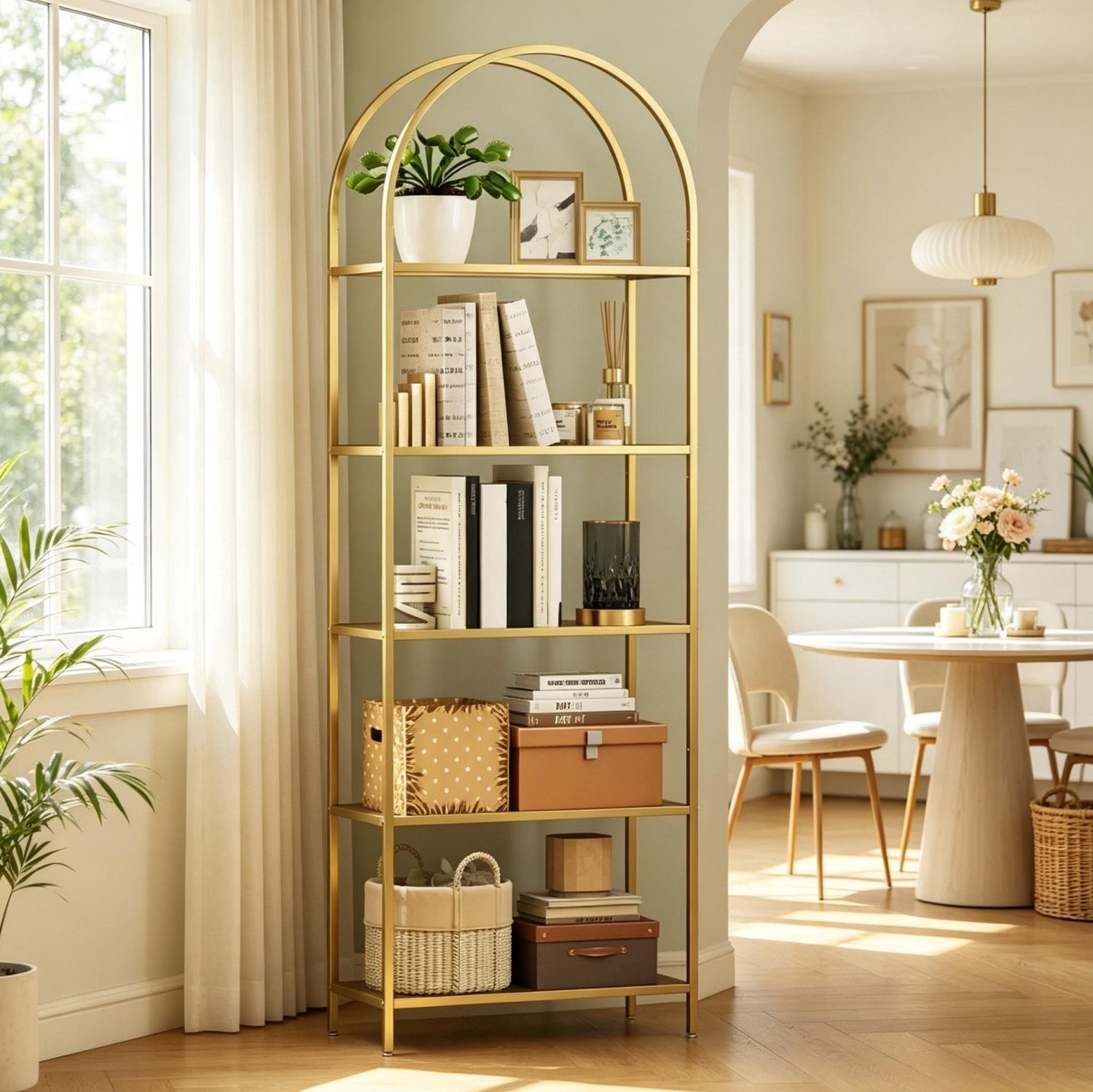 MIVRAY Boekenkast – 5 Open Planken – 60 x 30 x 175 cm – Staal En Gehard Glas – Goud – Voor Woonkamer, Hal Of Kantoor – Boogvormig Goudkleurig