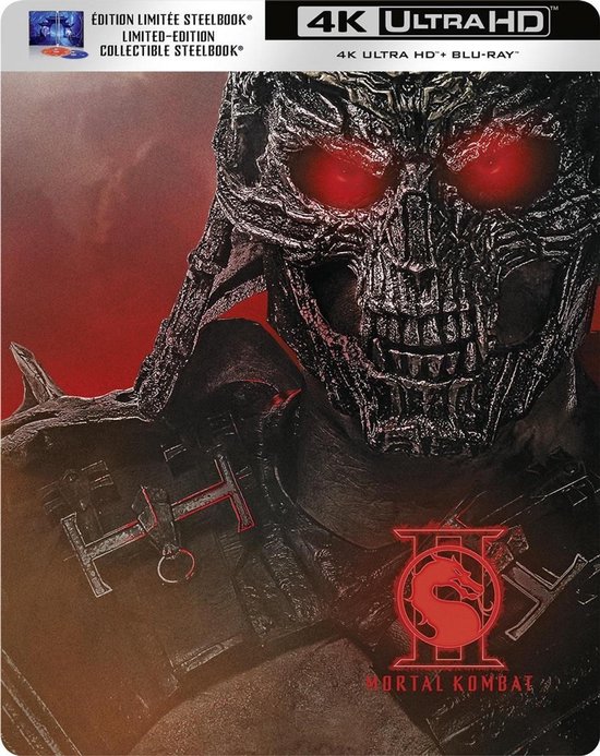 Limited Edition 4K Ultra HD Steelbook van Mortal Kombat II met een gedetailleerd schedelmasker met rode ogen.