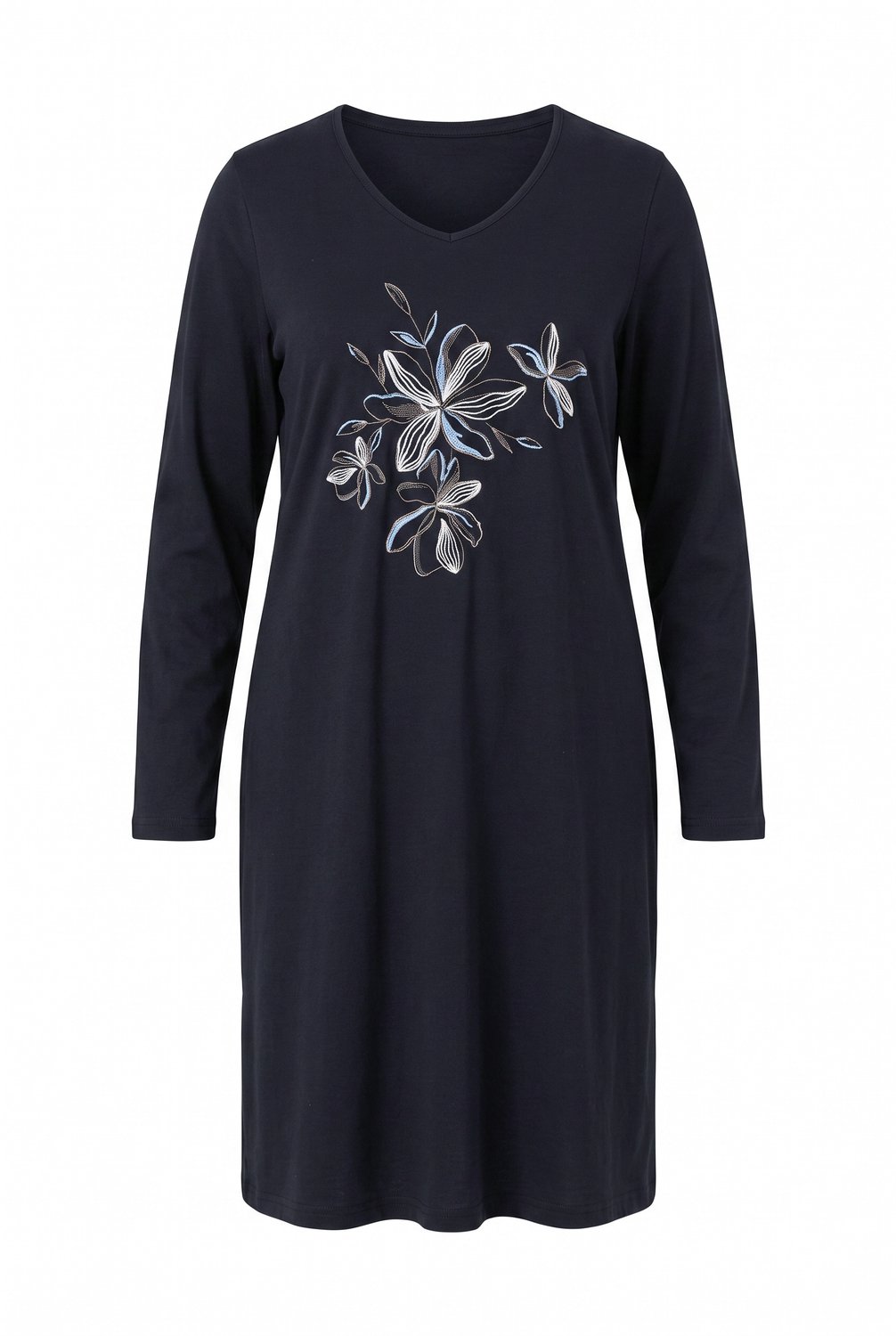 Ulla Popken - Dames - Bigshirt bloemen V-hals lange mouwen - Zwart - Maat 62+