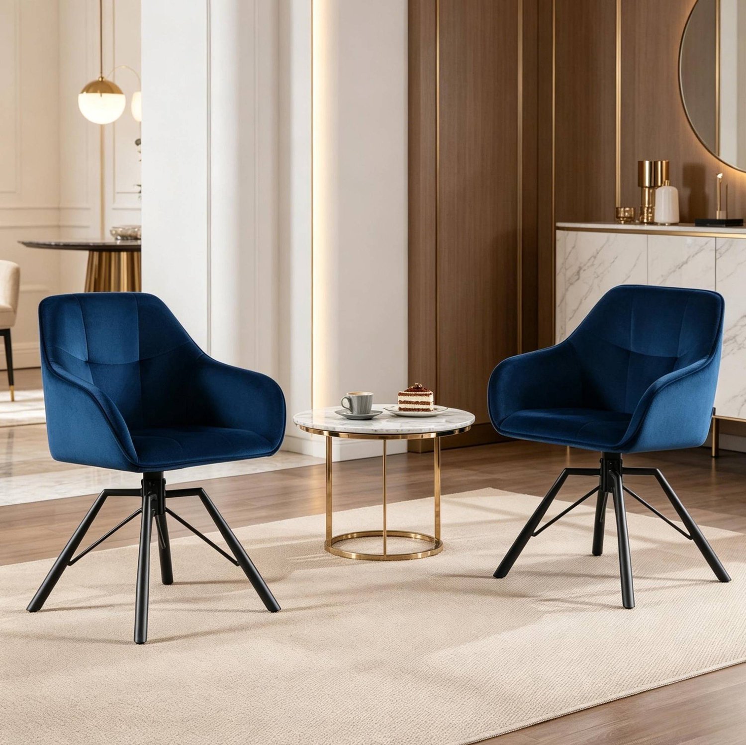 WUVRIE Draaibare eetkamerstoel - 360° draaibare zitting en armleuningen - Blauw - Set van 2