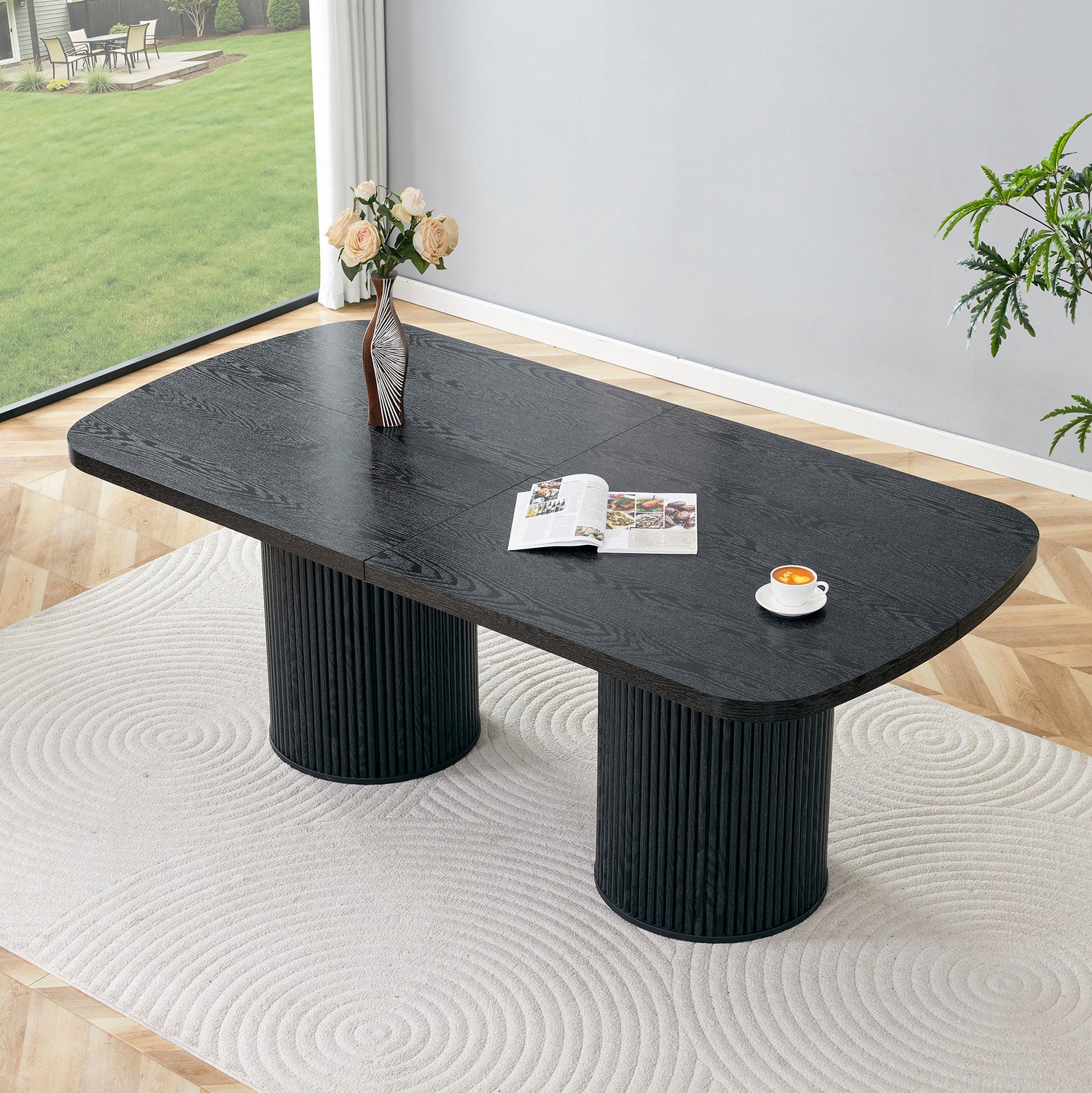 WUVRIE Ovale eettafel 180x90x76 cm - MDF met dubbele geribbelde zuilvoet - Zwart