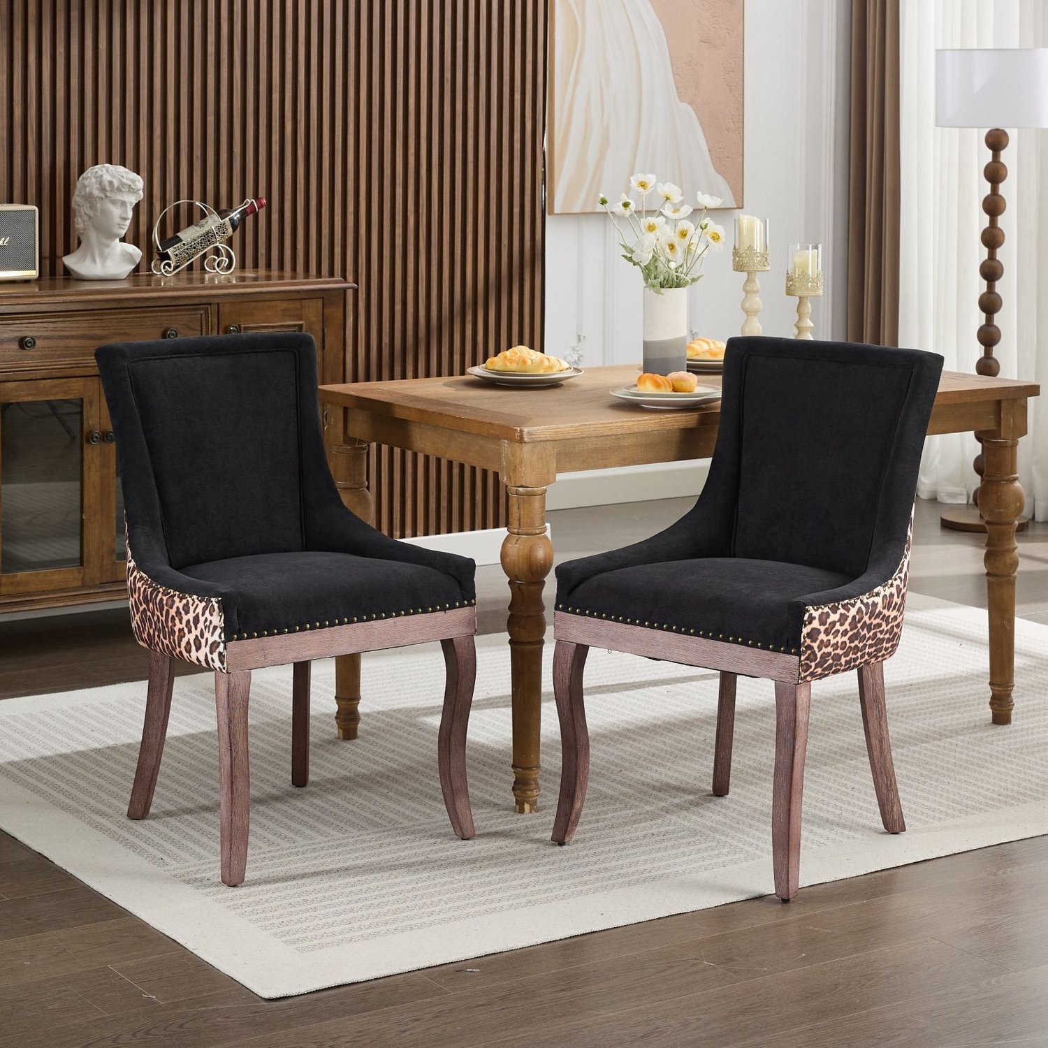 WUVRIE Eetkamerstoelen set van 2 - Hoge rugleuning, armleuningen en verstelbare poten - Luipaardprint Leopard