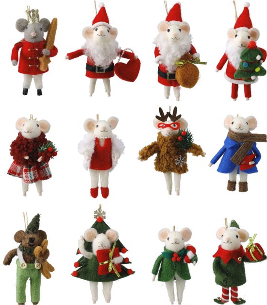 Home & Styling Muizen Kerstdecoratie/Kersthanger - Set van 12 stuks - 12cm - Multi