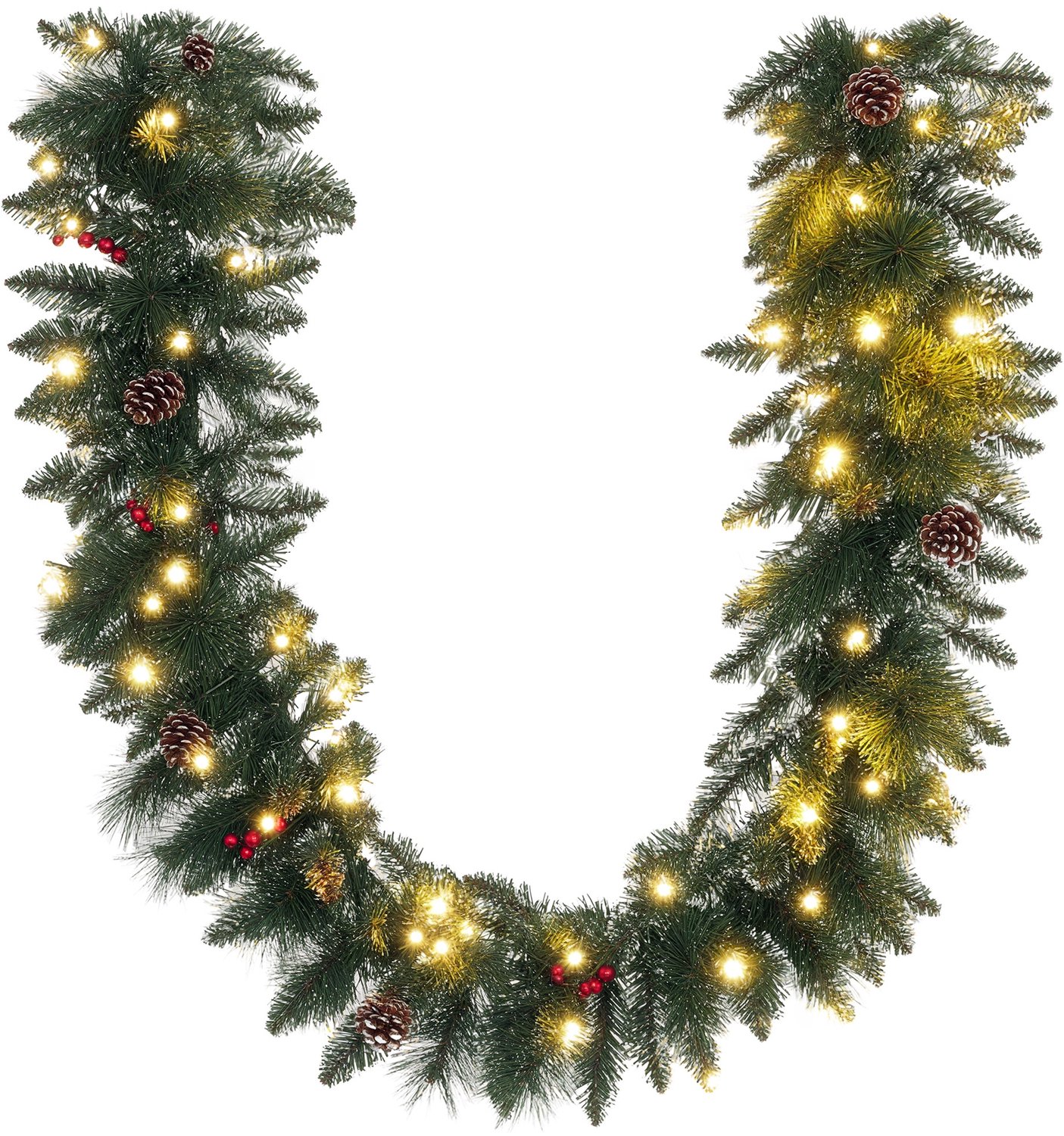 Kerstslinger met verlichting - 50 LED-lampjes - ingebouwde timer - met dennenappels en bessen - 1,8 meter lang - kunststof