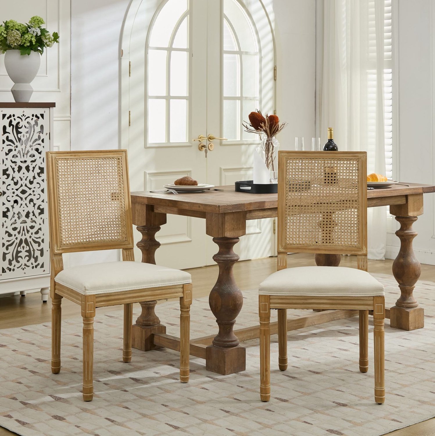 WUVRIE Eetkamerstoelen set van 2 - Rotan rugleuning en linnen zitting - Beige