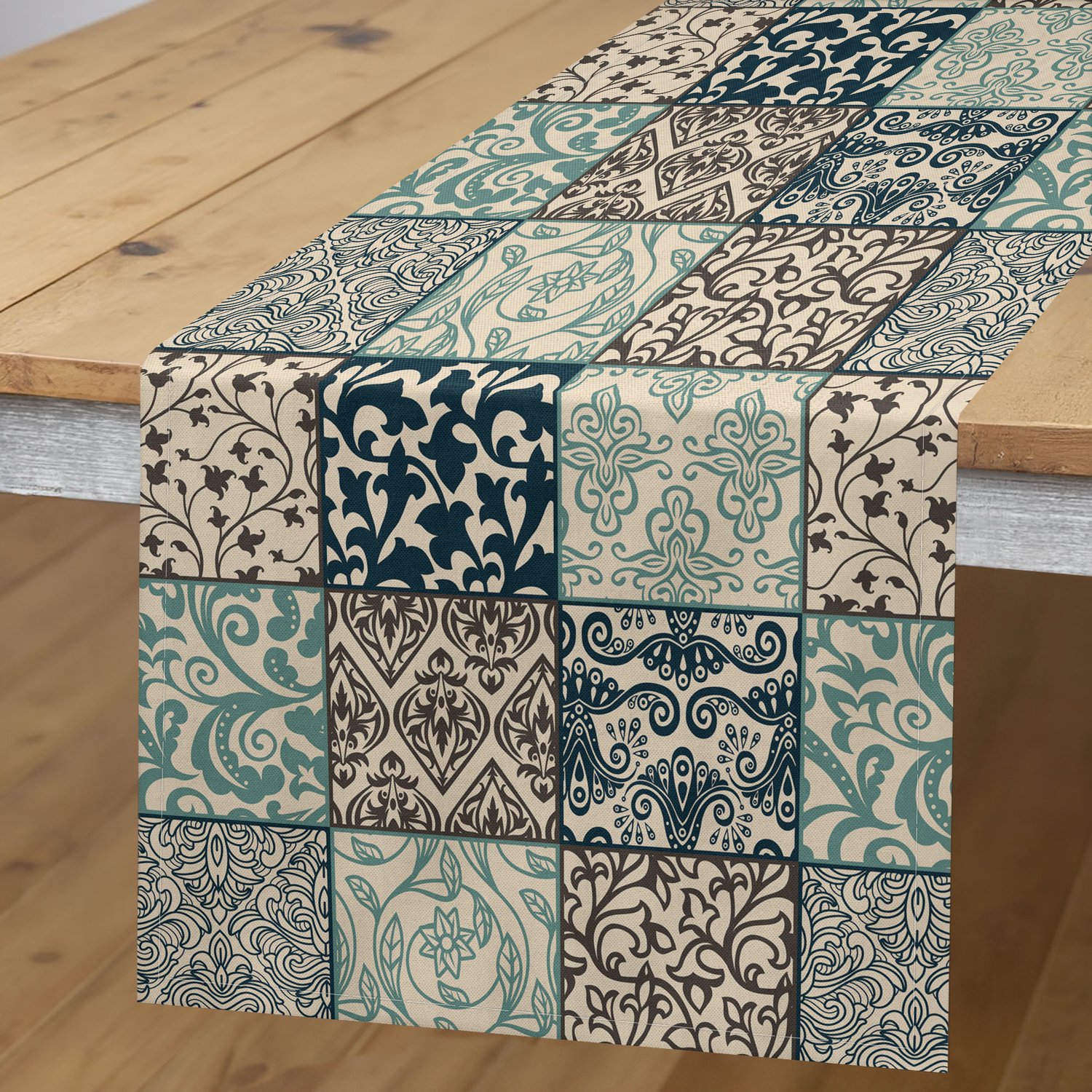 ABAKUHAUS Geometrische Tafelloper, Antiek Mozaïek met Victoriaanse Tuinmotieven Damast en Sierlijke Bloemen, Rechthoekige Tafelloper voor Eetkamer en Keuken, 40 x 180 cm, Zeegroen Bruin Donkerblauw