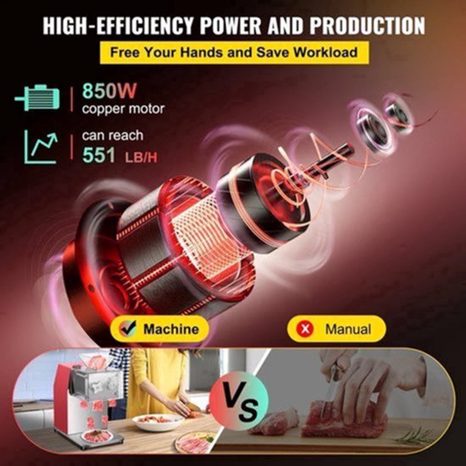 Vleesmolen - Keukenmachine - Keukenrobot - Groentesnijder - 850W - 50Hz - 1440 RPM - Bladruimte 3.5 mm - Foodprocessor - Gehaktmolen - Rood