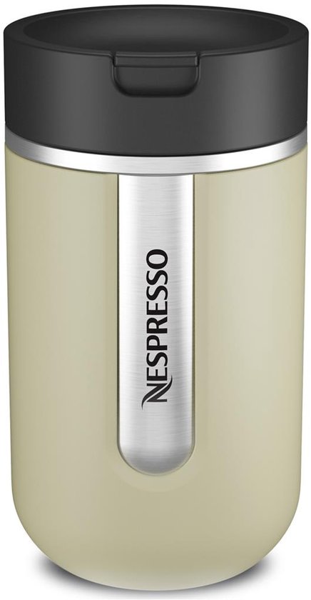Nespresso reismok in sage groen met zwarte deksel en zilverkleurige Nespresso strip.