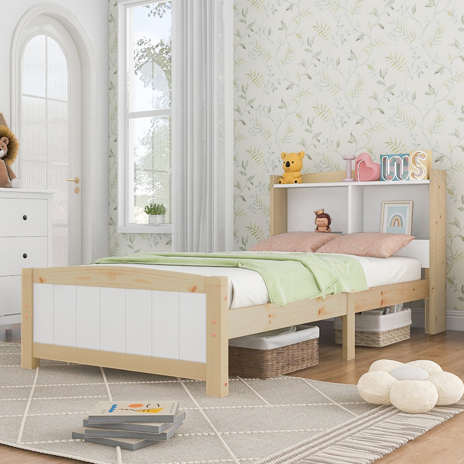 CHICFURN Eenpersoonsbed 90 x 200 cm - opbergkopbord - lattenbodem - wit