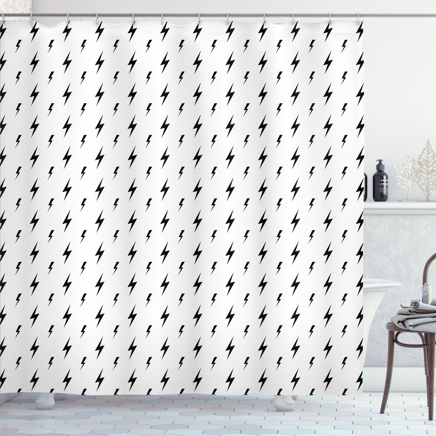 ABAKUHAUS Zwart-Wit Douchegordijn, Bliksemschichten en Zigzagpatroon, Eenvoudige Elektrische Illustratie, Stoffen Badkamerdecoratieset met Haken, 175 B x 200 L, Zwart Wit