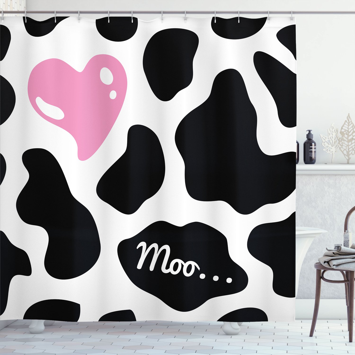 ABAKUHAUS Douchegordijn met Koeienprint, Camouflage Koeienhuidpatroon in Pasteltinten met Hartvorm, Stoffen Badkamerdecoratieset met Haken, 175 B x 200 L, Roze Zwart Wit
