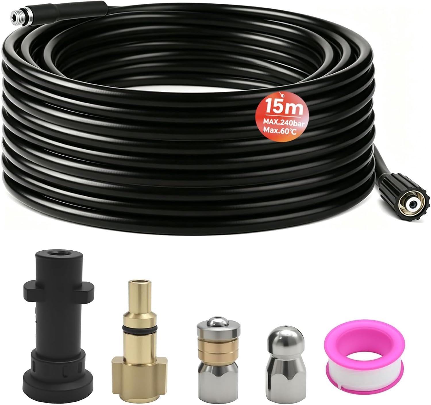 15 meter lange reinigingsbuisset met 2 sproeiers, ideaal voor verstoppingen en hogedrukreinigers, geschikt voor K2, K3, K4, K5, K6, K7