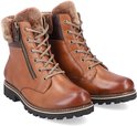  paar bruine leren veterboots met imitatiebont, zijrits en stevige profielzool.