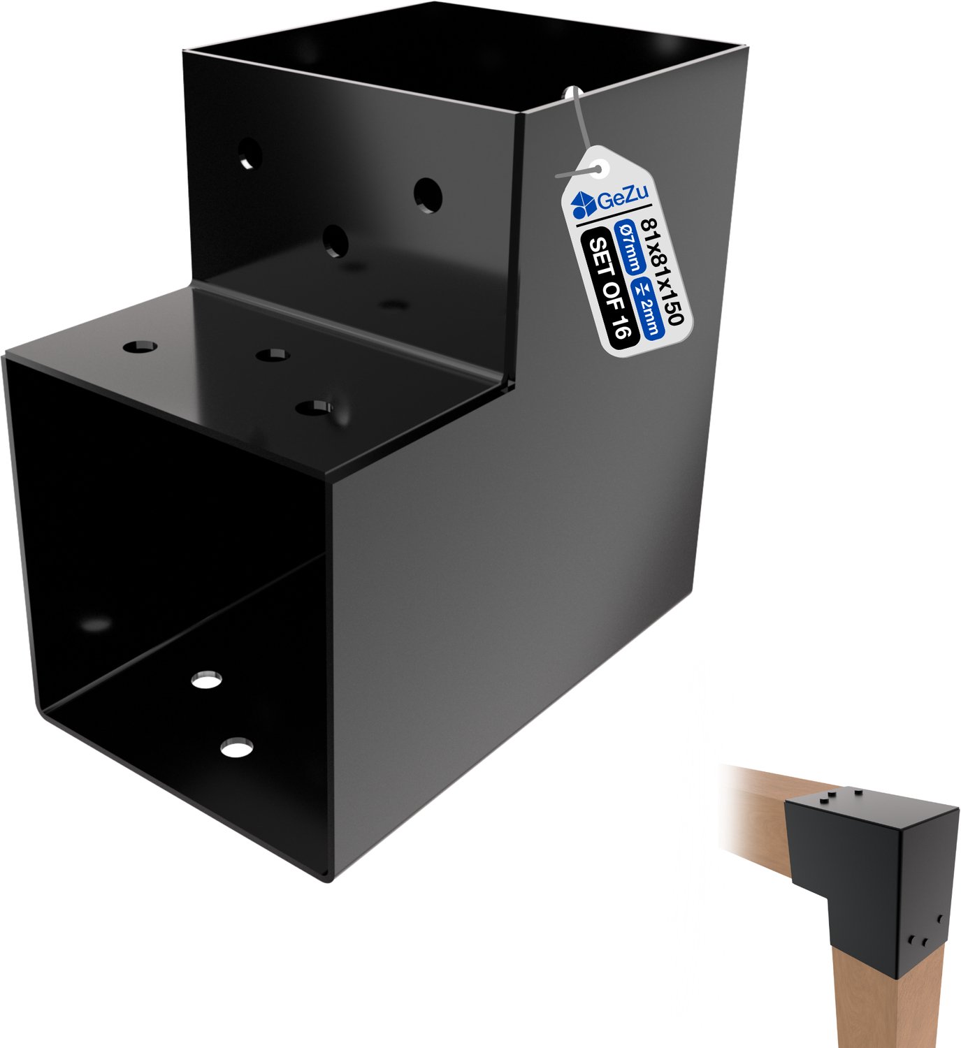 GeZu Impex Paalverbinder L 81 x 81 mm | L set van 16 Gecoat Zwart Poeder Pergola L-Vorm Vierkante Balk Paalverbinder