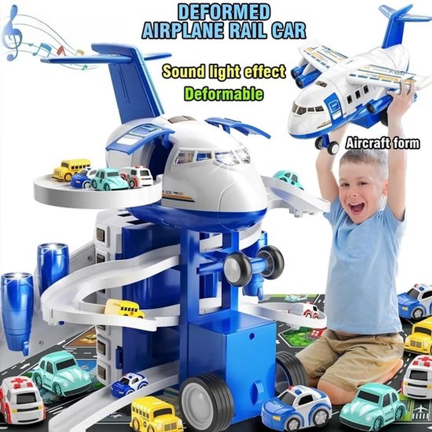 Transformeerbaar Vliegtuig Baanspoor Speelgoed Set | 4 Mini Legering Autootjes Interieur Speelset Voertuigen, Leuk Speelcadeau voor Kinderen Alle Leeftijden