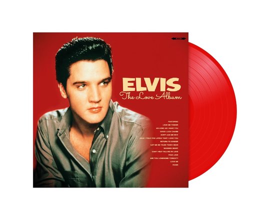 Rode vinylplaat van Elvis Presley, The Love Album, met een close-up portret van Elvis op de hoes.