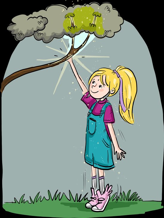 Een blond meisje in tuinbroek en roze laarzen reikt omhoog naar een magisch oplichtende tak in een boom.