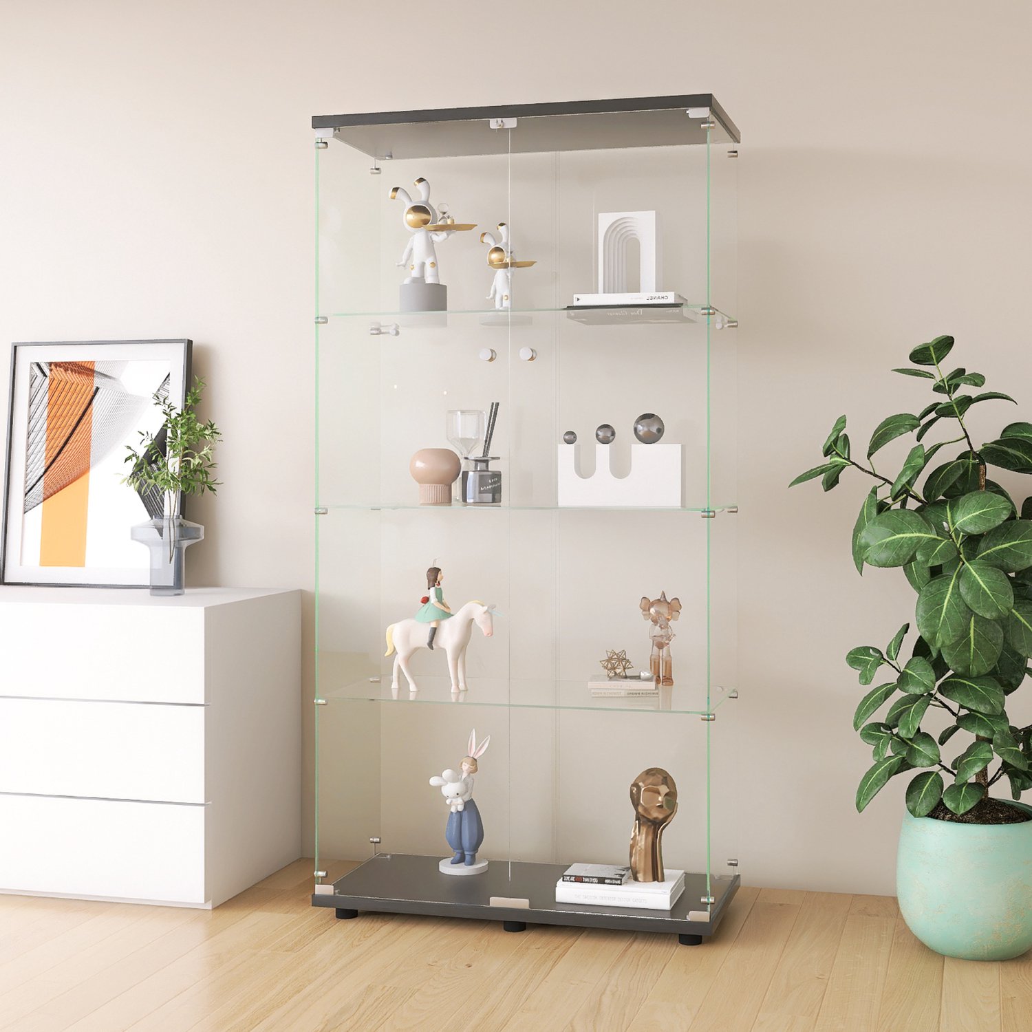 Yelenaro Glazen vitrinekast, Vitrinekast van glas met veiligheidsslot, 2 deur en 4 lagen, Gehard Glas, vitrines, collectiekast, staande glazenkast, 80.5x36.5x164cm, Zwart
