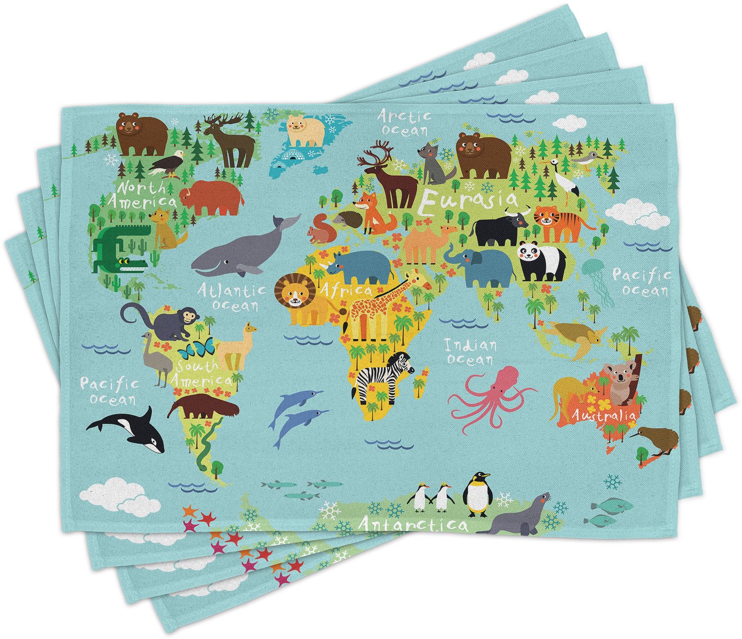 ABAKUHAUS Cartoon Placemats Set van 4, Dier Kaart van de Wereld voor Cartoon Bergen Bossen Vrolijk Atlas, Wasbare Stoffen Placemats voor de Eettafel, Standaardformaat, Geel Groen en Lichtblauw