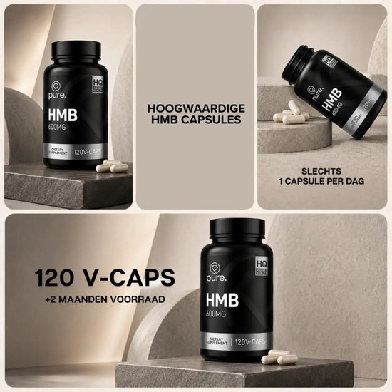 Collage van Pure HMB capsules met tekst over 120 V-caps voor 2 maanden en dosering van 1 capsule per dag.