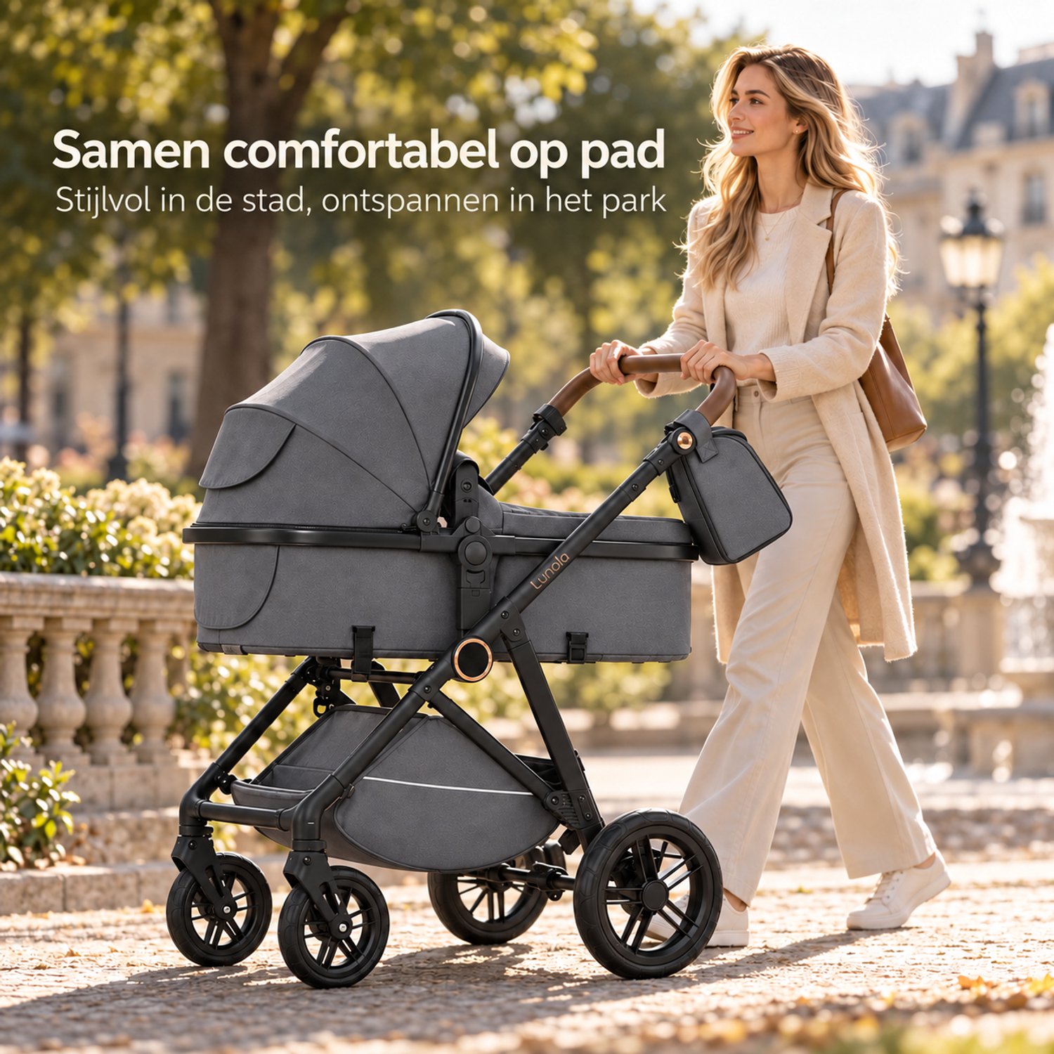 Lunola Noor Premium Kinderwagen 2 in 1 - Combi met Reiswieg en Omkeerbaar Zitje - Compact Inklapbaar - Wandelwagen voor 0 tot 3 Jaar - Grijs thumbnail 6