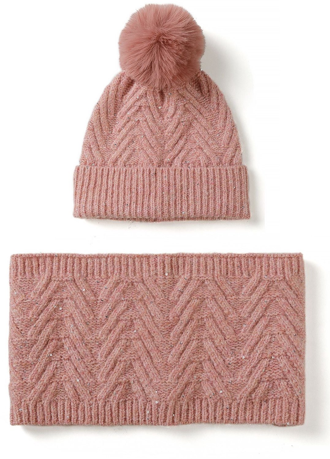 Minoti colsjaal kind – met muts – pailletten en pompon – oudroze