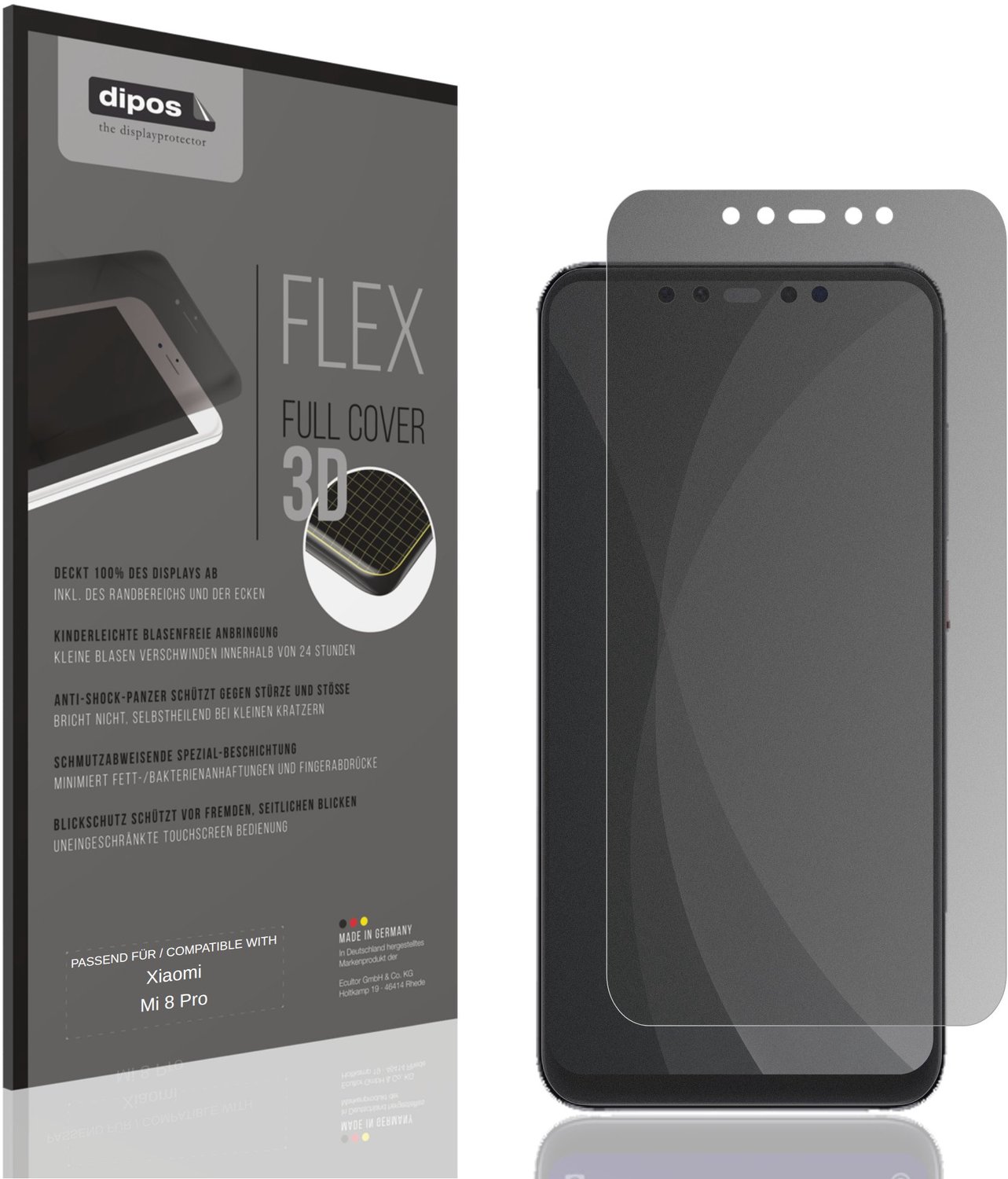 dipos FLEX – Matte Privacy Screenprotector geschikt voor Xiaomi Mi 8 Pro | Volledige Schermbescherming | Case-Friendly