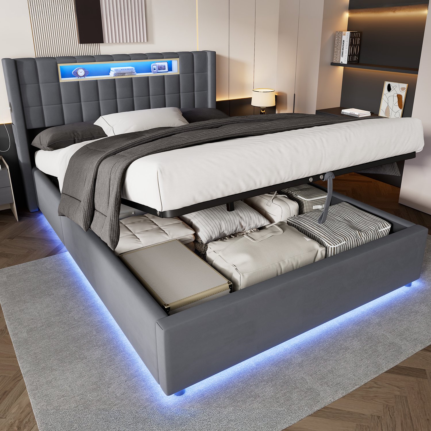 CHICFURN Gestoffeerd Bed 140x200 cm - Slaapkamer - LED-verlichting en opladen - Hydraulisch opbergbed - Fluweel - Donkergrijs