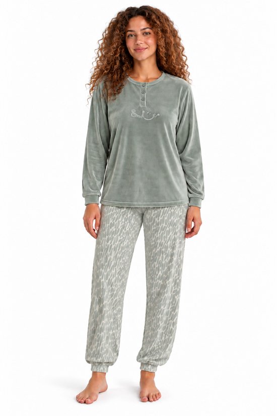Pyjima Cocodream - Dames Pyjama Velours - Winter - Green Print - Maat XXL | bol