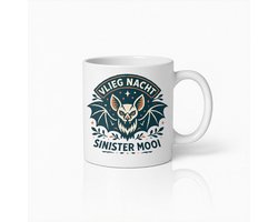 Strakke Halloween Mok met tekst 'VLIEG NACHT / SINISTER MOOI' – Geometrisch Modern Design voor Sfeervolle Herfstfans