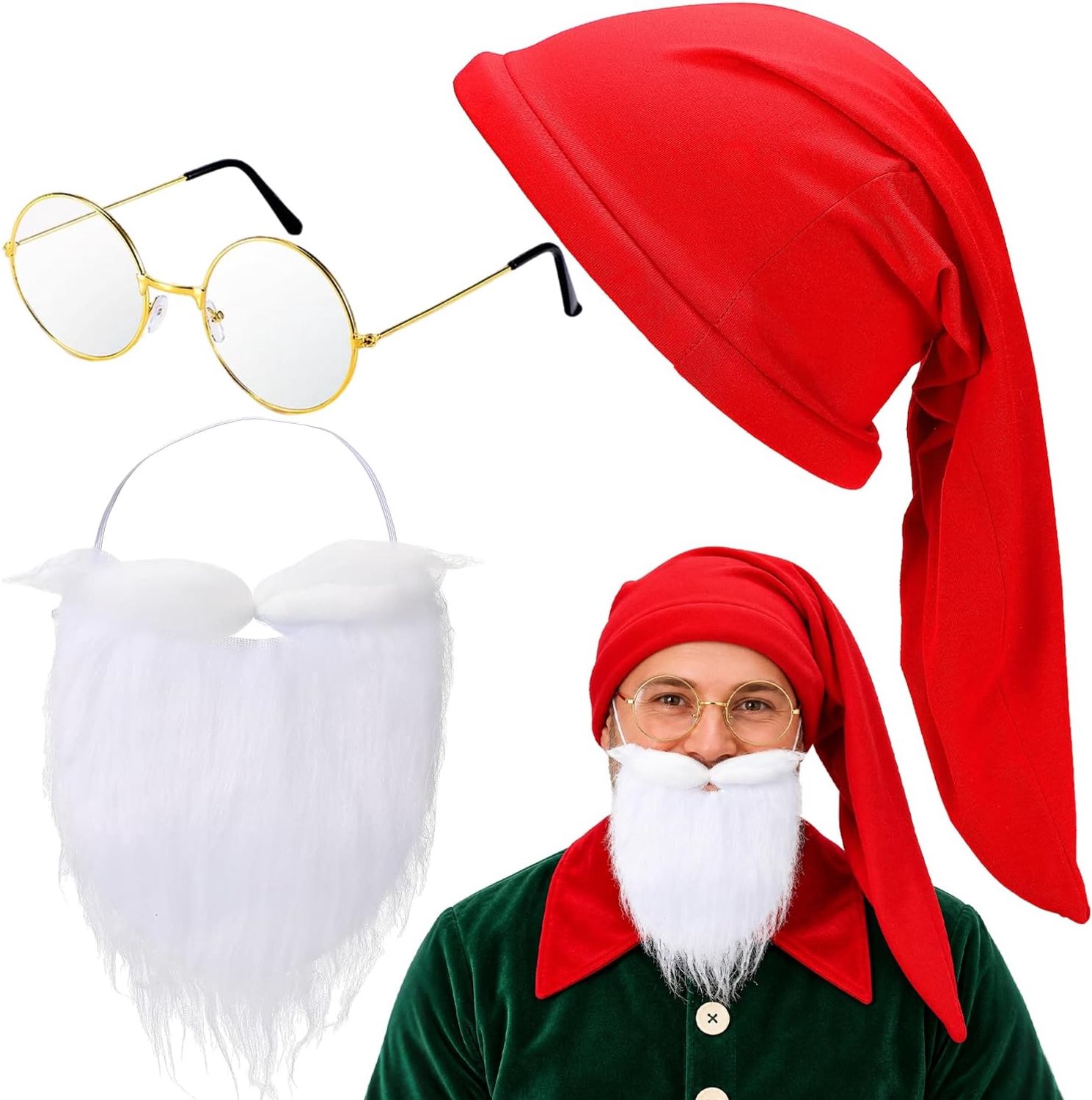 3 stuks kerstmankostuumaccessoires met kerstmuts, kerstman, bril, kerstbaard, voor kerstman, Halloween, carnaval, Kerstmis, cosplay
