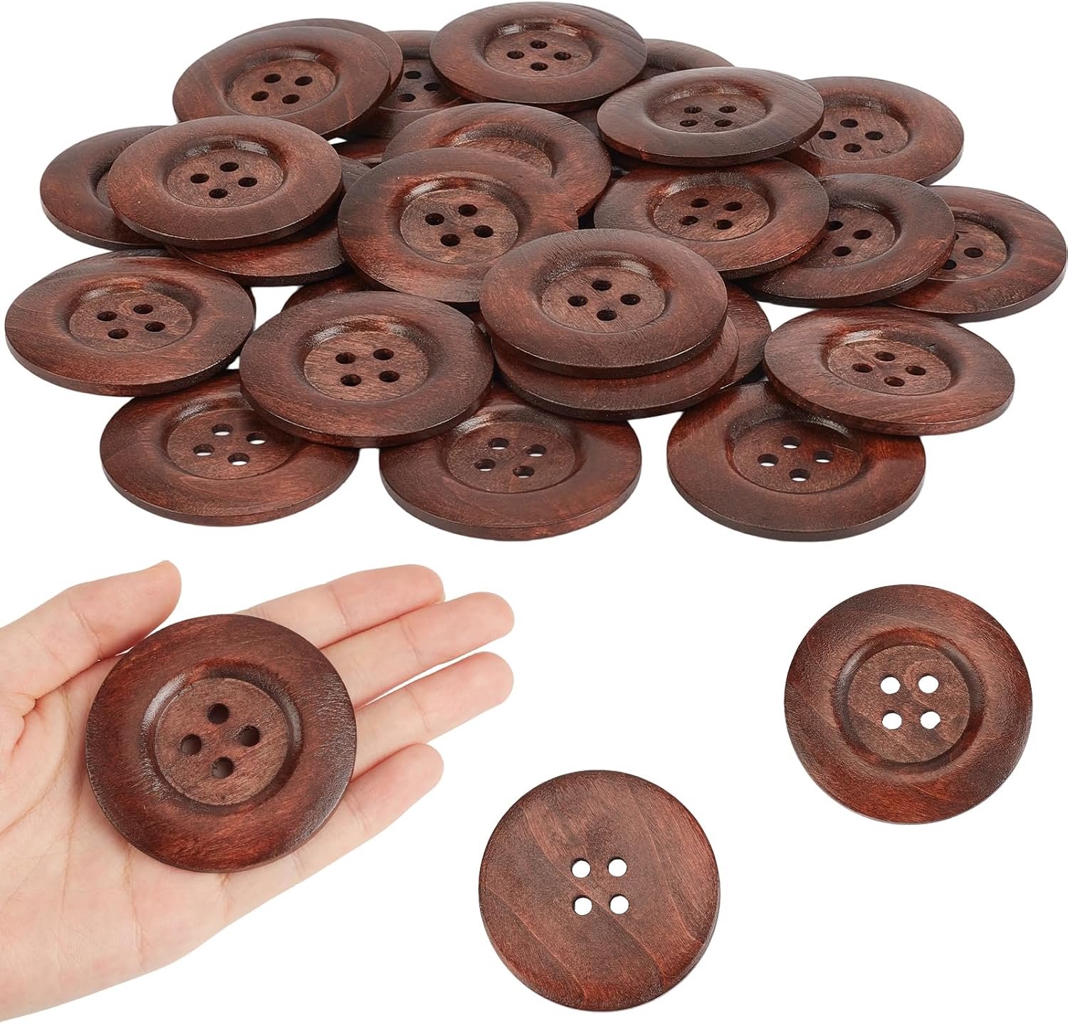 30 stuks grote maat ronde knoppen, 60 mm 4 gaten bruin naaien houten knop